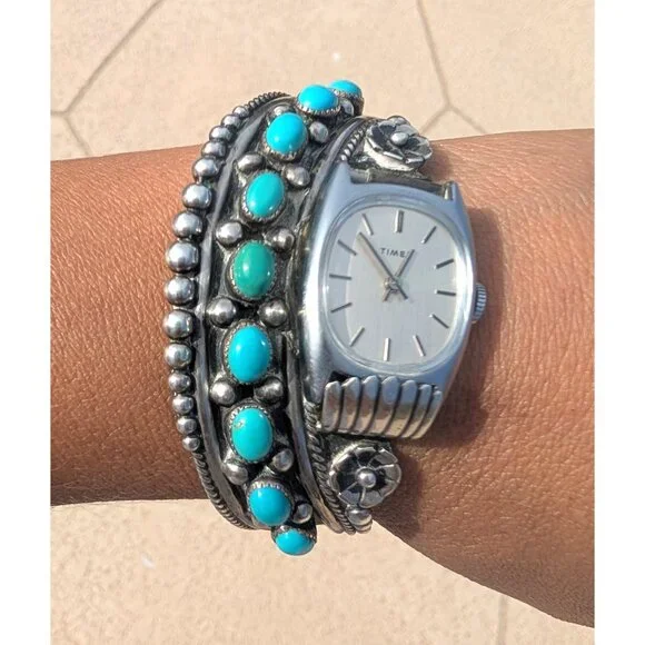 Navajo Sterling Silver & Turquoise Watch Bracelet E. Anderson Non Working 49.5g - Picture 7 of 12